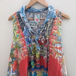 Sky Mix-Print Sleeveless A-Line Silk Twill Dress